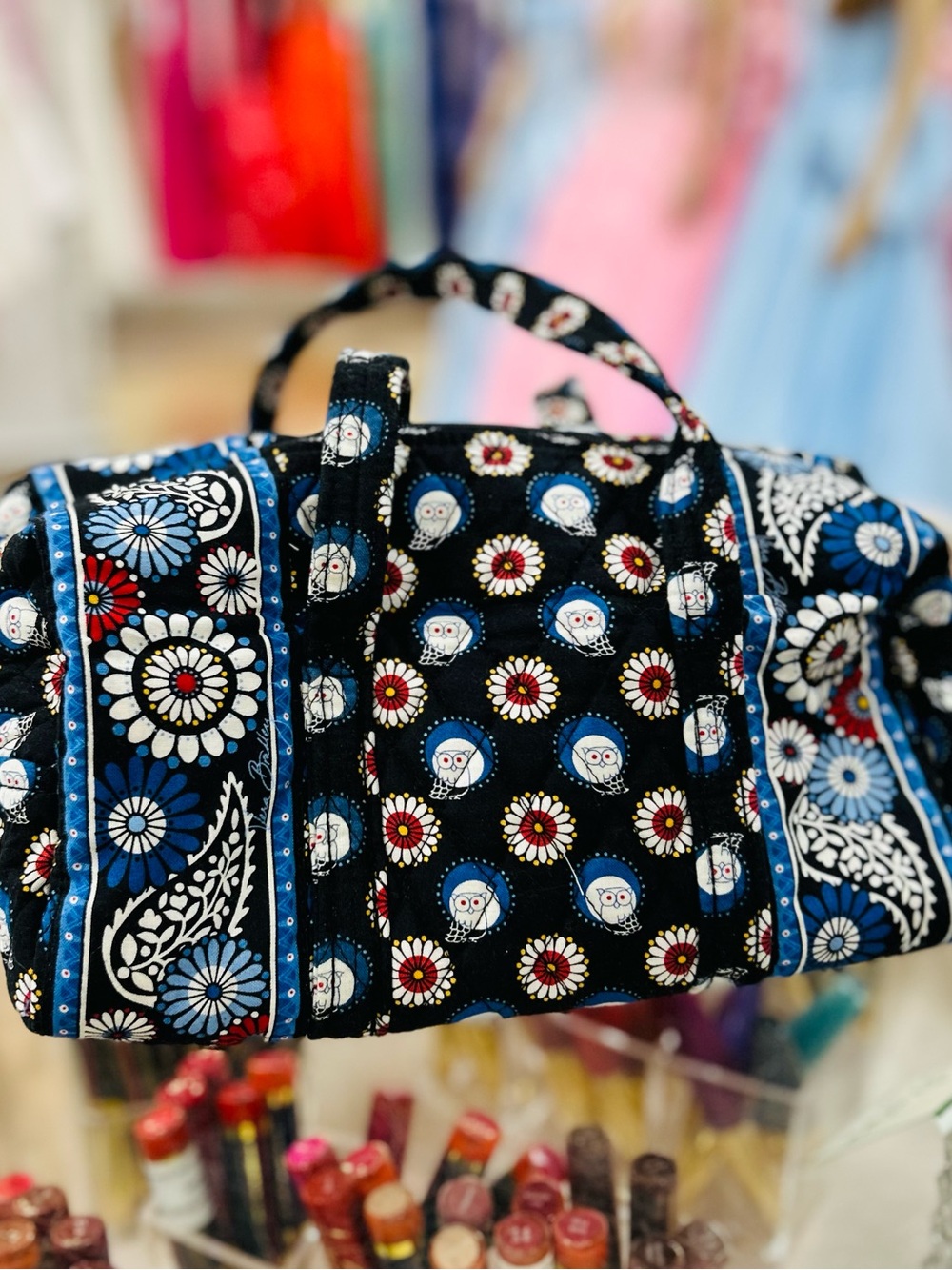 Vera Bradley Black Quilted Weekender with Blue, White & Red Floral Owl Print